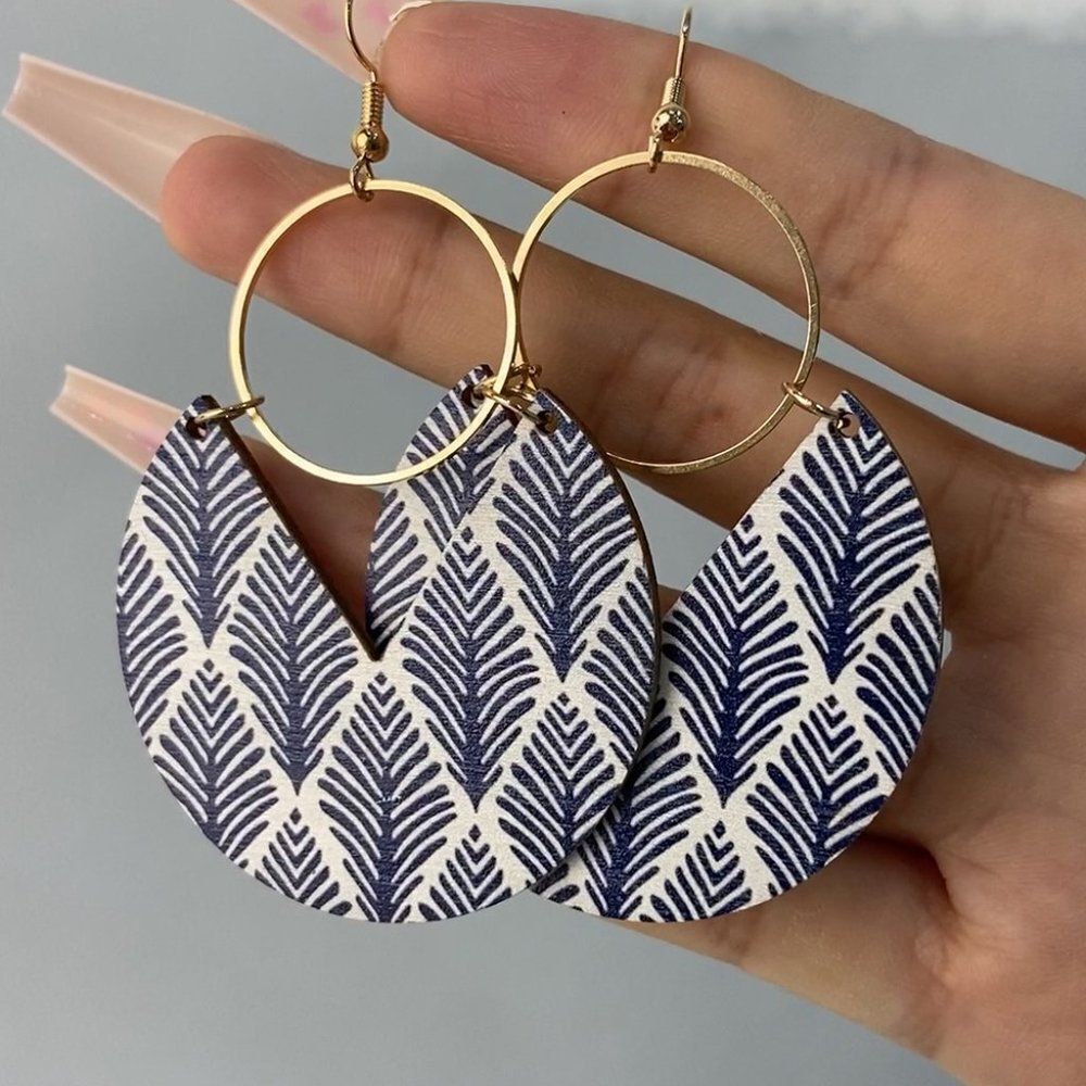 Blue and White Floral Botanical Printed Statement Earrings